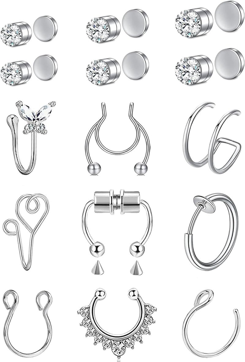 VitaCool Store Fake Nose Ring Hoop Fake Nose Stud Magnetic Septum Nose Ring Stud Stainless Steel CZ Fake Nose Piercing Stud Faux Nose Ear Lip Cuffs Non Pierced Jewelry for Women Men - Image 1